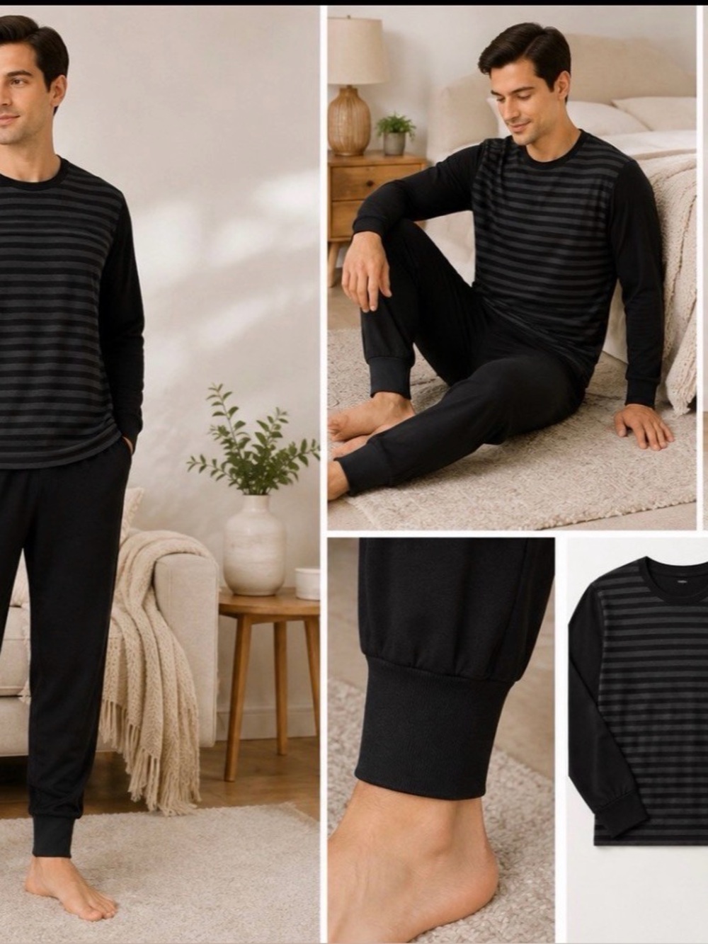 GOOD WARM Men’s XL Thermal Pajama Set Long Sleeve Striped Top Cuffed Pants Black